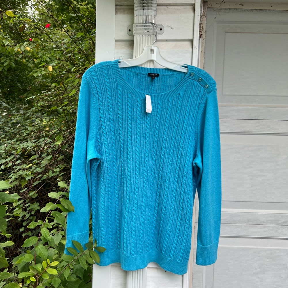 NWT Talbots Pretty Turquoise Cabled Crew Neck Long Sleeve Sweater